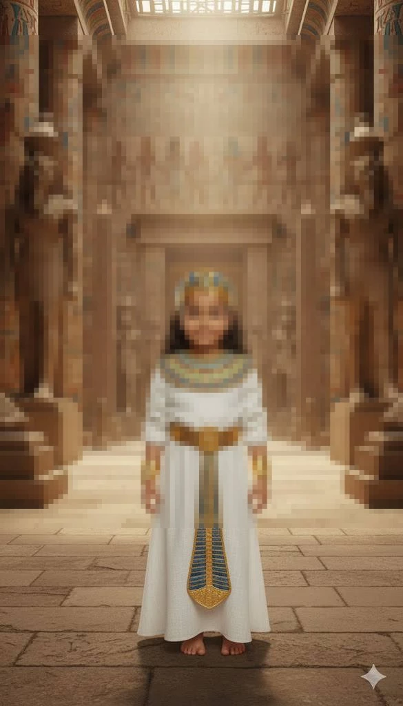 Little girl dressed as ancient Egyptian princess inside grand pharaoh temple