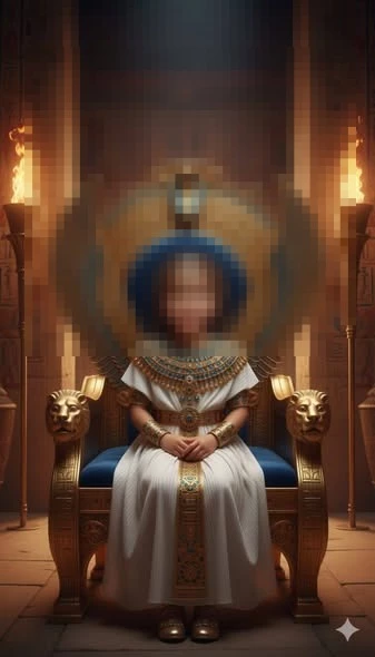 Little Girl Dressed as Egyptian Queen Sitting on a Golden Throne with Torches