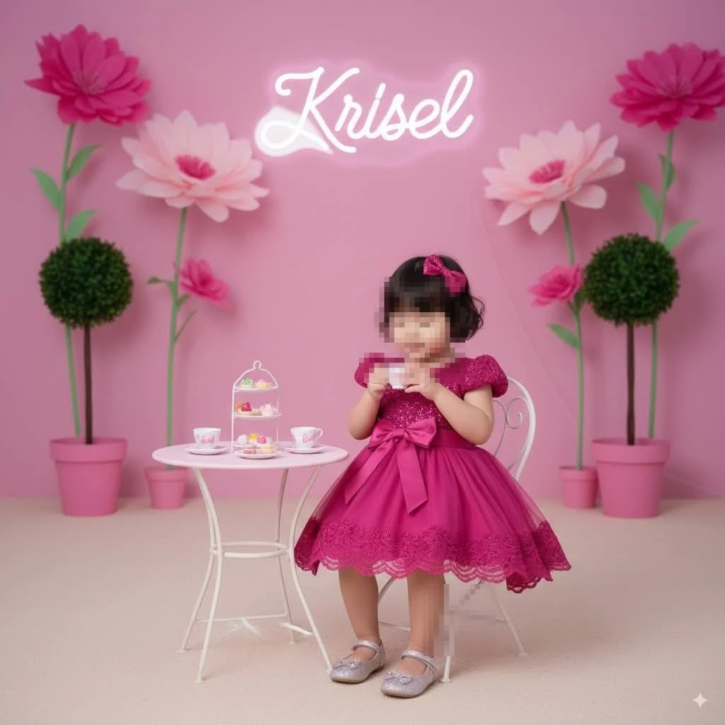 Little girl enjoying a pink tea party in a dreamy floral room setup