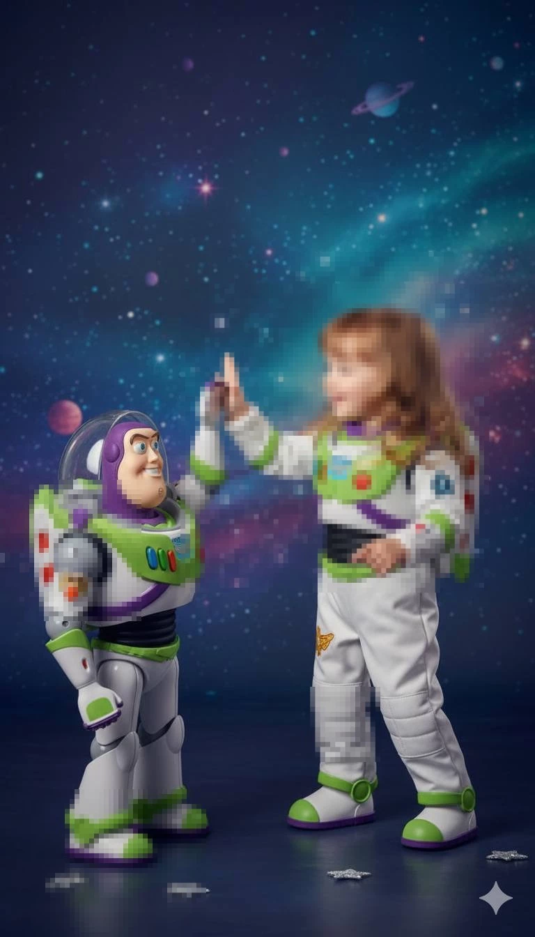 Little girl high-fives Buzz Lightyear toy in a colorful galaxy space background