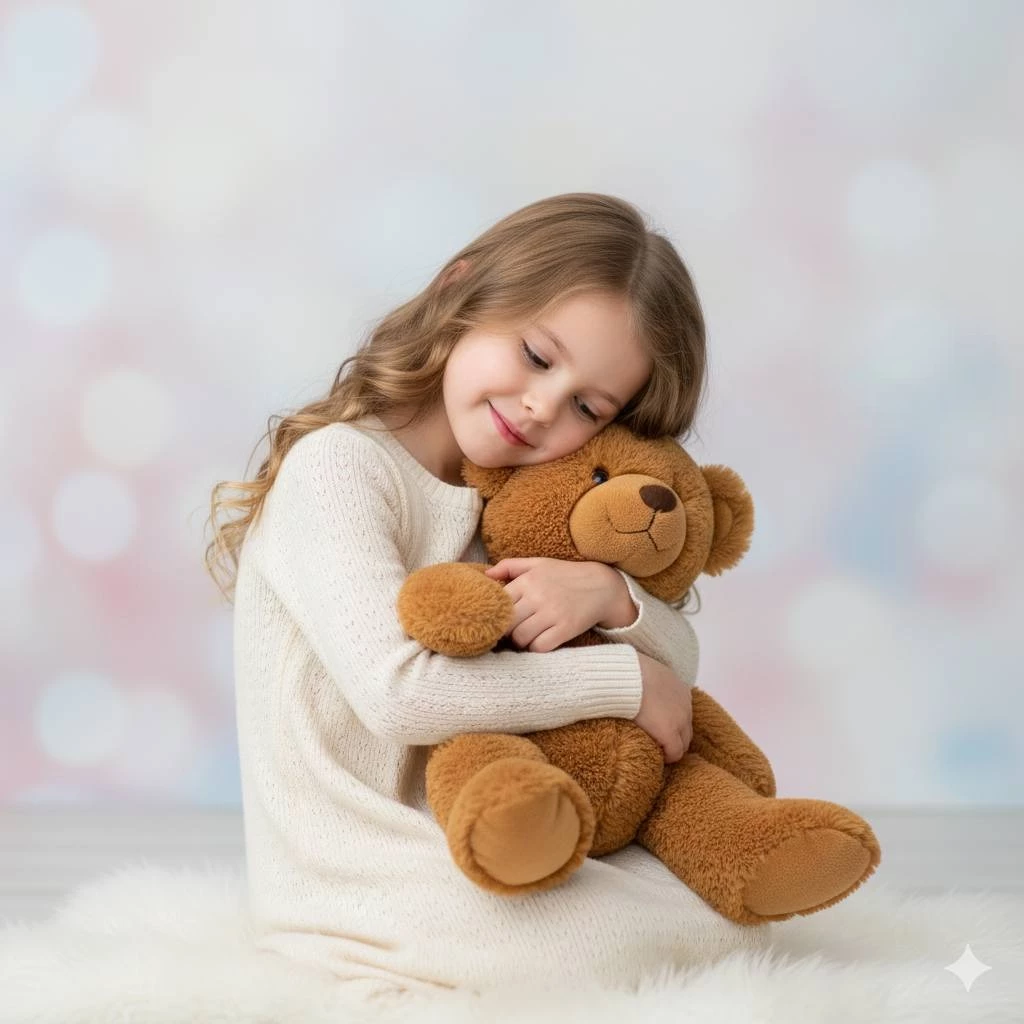 Little Girl Hugging Teddy Bear in Cozy Cream Sweater on Soft Background