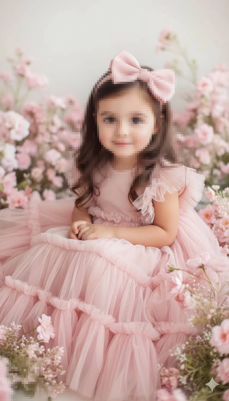 Little girl in a pink tulle dress surrounded by soft blooming flowers