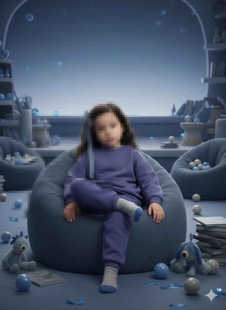 Little girl in blue cozy room sitting on bean bag with soft toys around