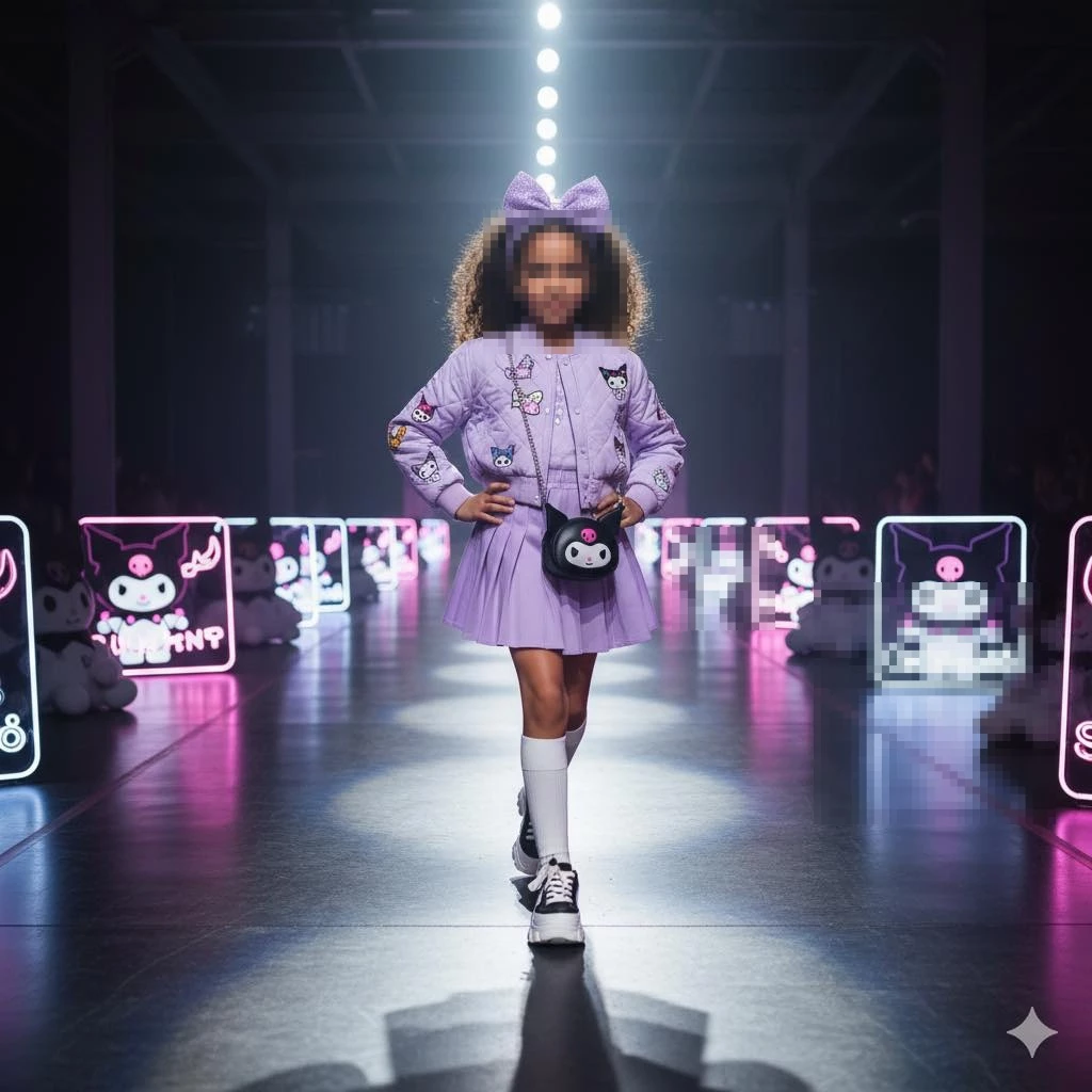 Little Girl in Lavender Outfit Walking on Neon Themed Fashion Runway