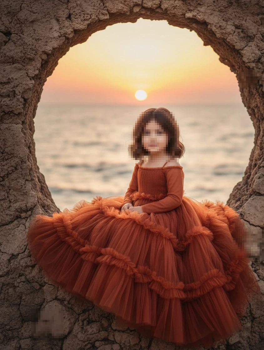 Little girl in orange dress sitting by the sea during a beautiful sunset