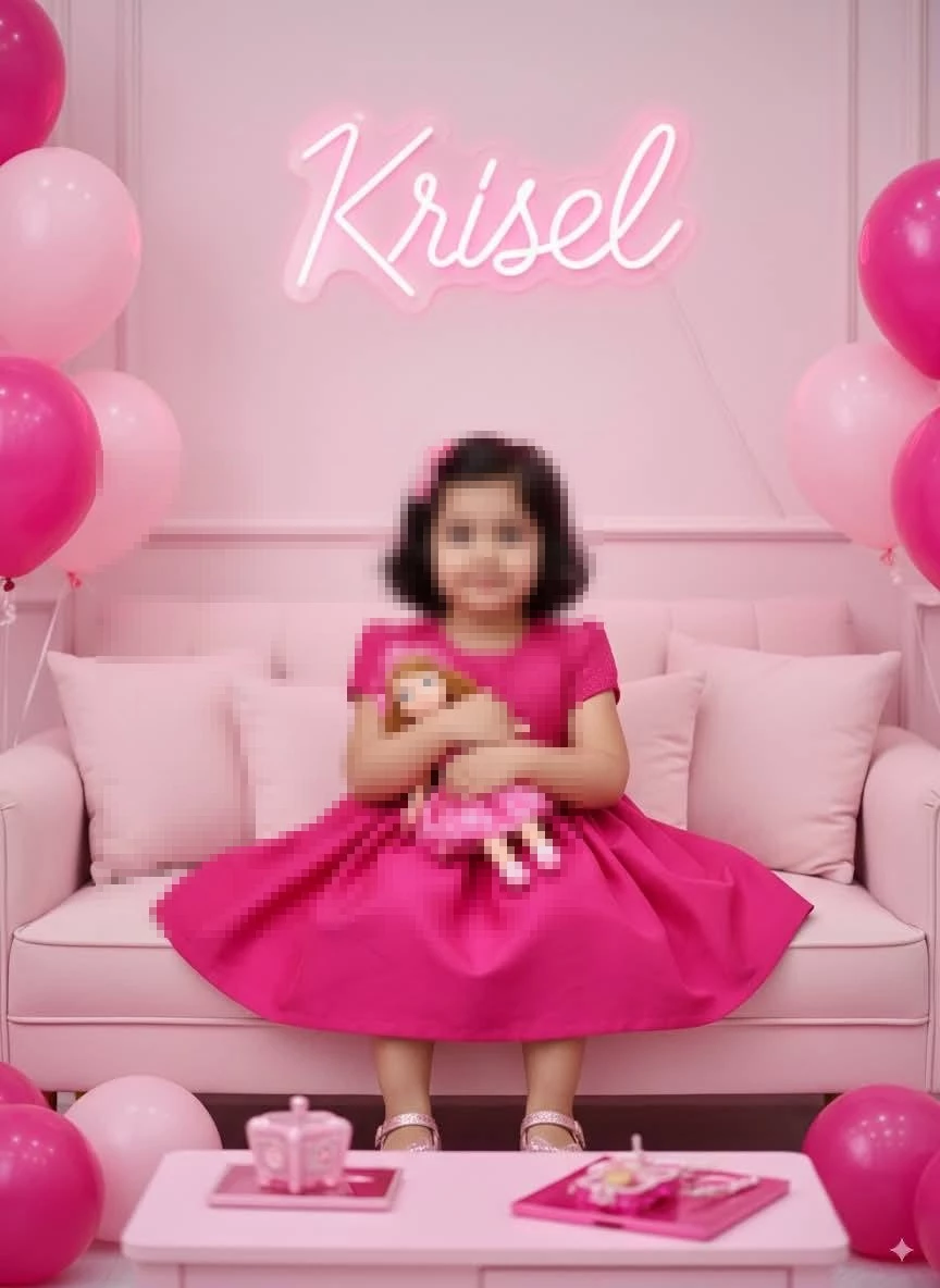Little girl in pink dress holding doll in Barbie themed pink room