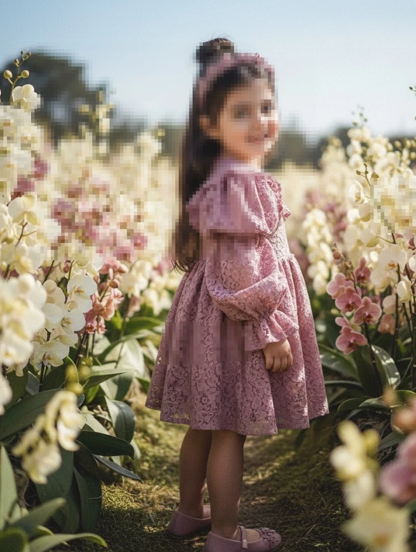 Little girl in pink lace dress smiling in blooming flower garden