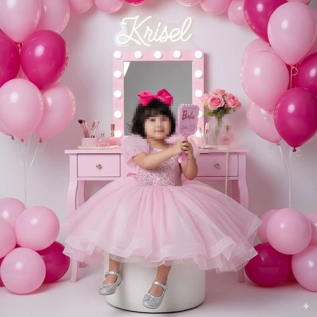 Little girl in pink princess dress sitting at vanity with balloons and mirror