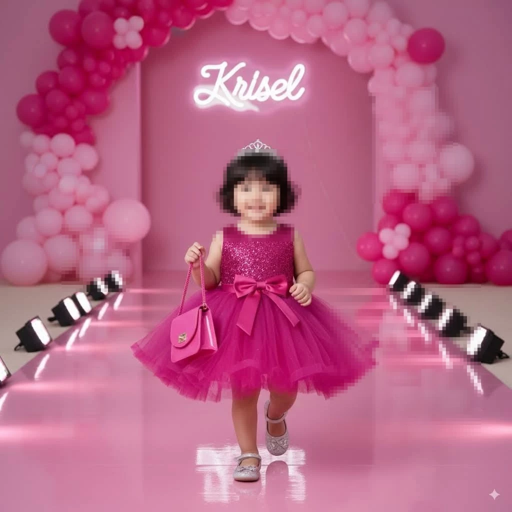 Little Girl in Pink Princess Dress Walking on Runway with Balloons and Lights