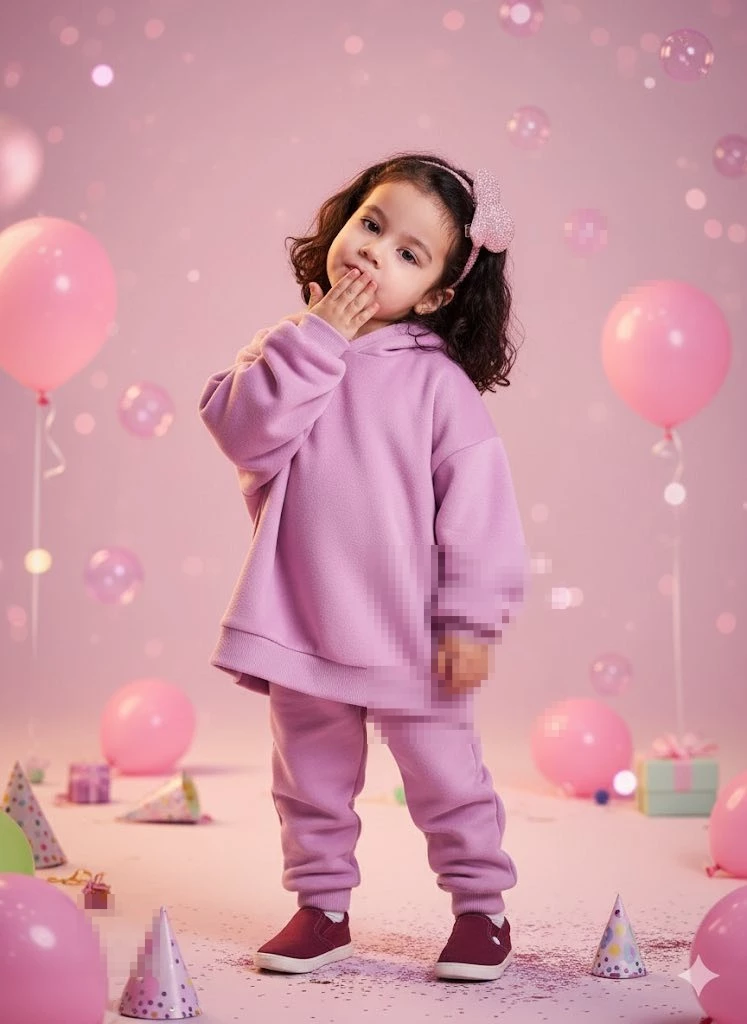 Little girl in purple outfit surrounded by pink balloons at birthday party