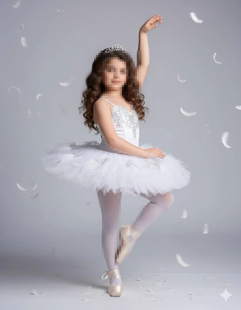 Little girl in white ballet dress dancing gracefully with falling white feathers