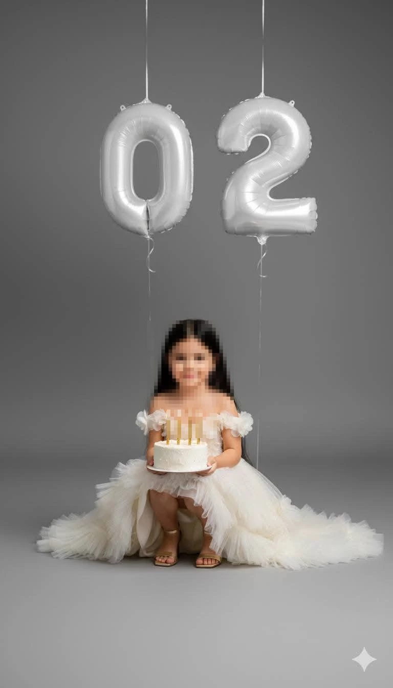 Little Girl in White Dress Holding Birthday Cake with Silver 02 Balloons
