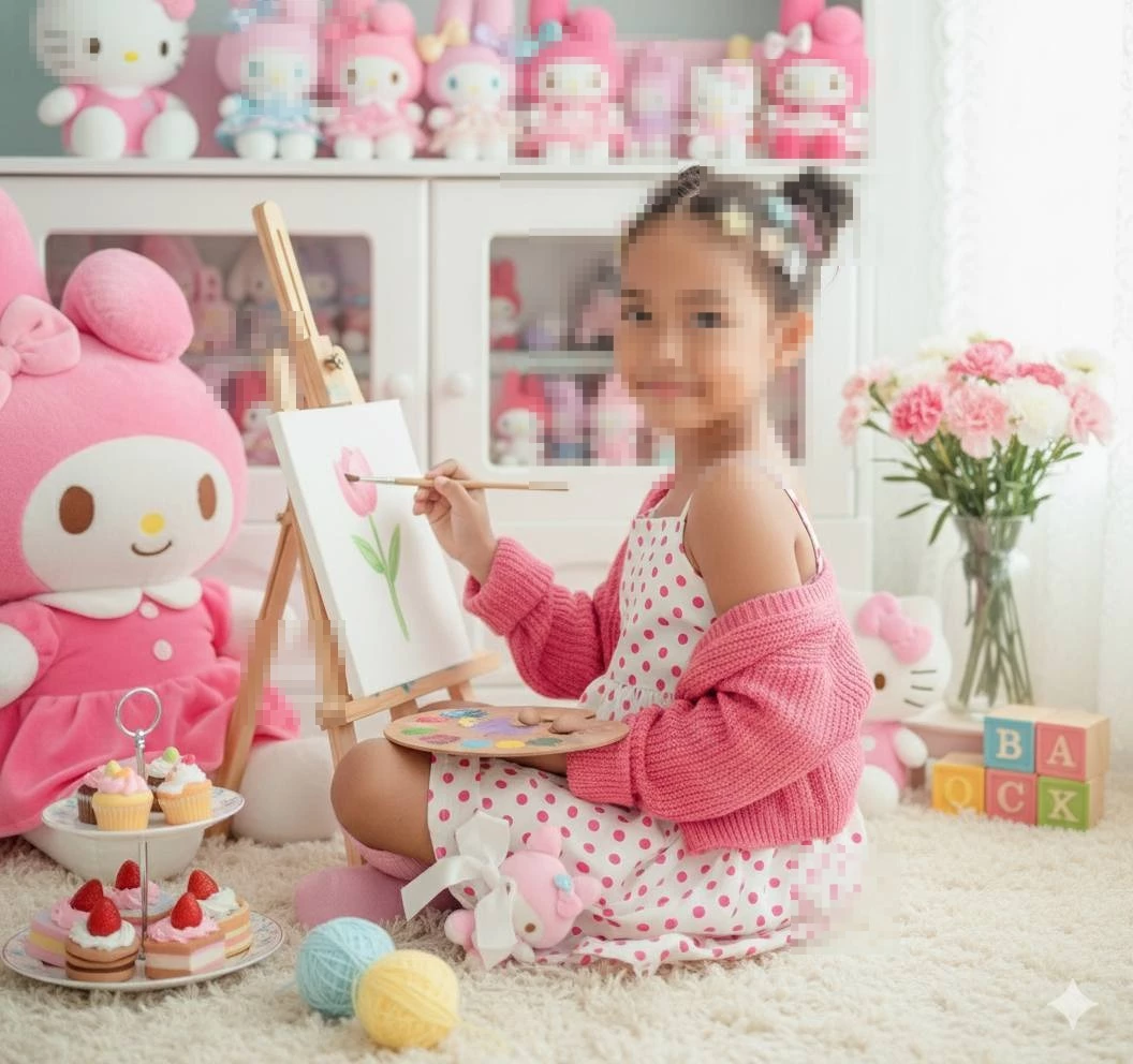 Little girl painting in cute pastel room with Hello Kitty and My Melody toys