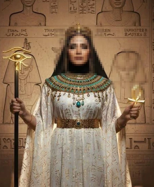 Majestic Egyptian Queen in Golden Headdress Holding Ankh and Eye of Horus