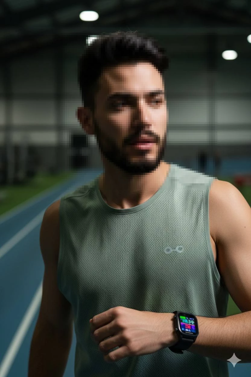Male athlete running on an indoor track wearing a green sleeveless sports top