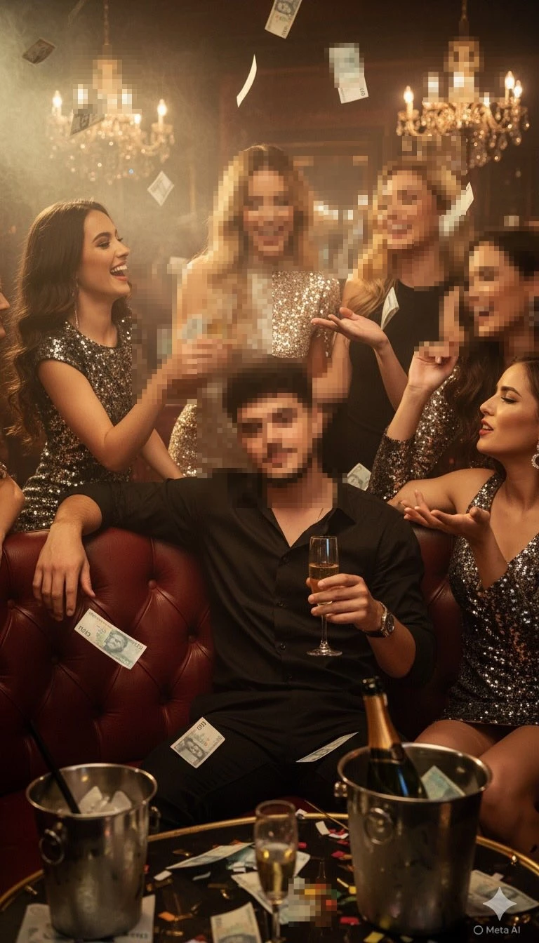 Man Celebrating with Elegant Women at Luxurious Party with Champagne