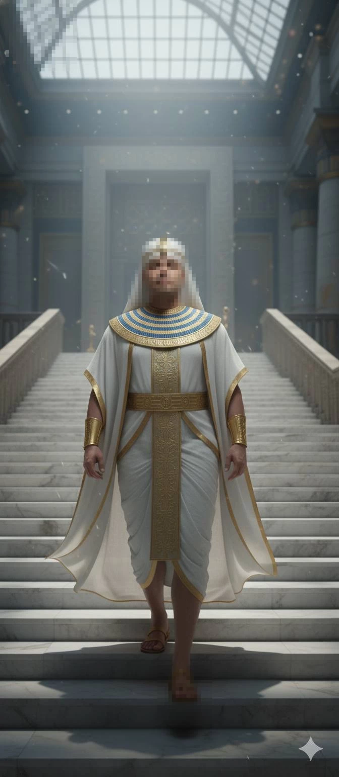 Man dressed as an Egyptian pharaoh walking down marble stairs in a grand palace