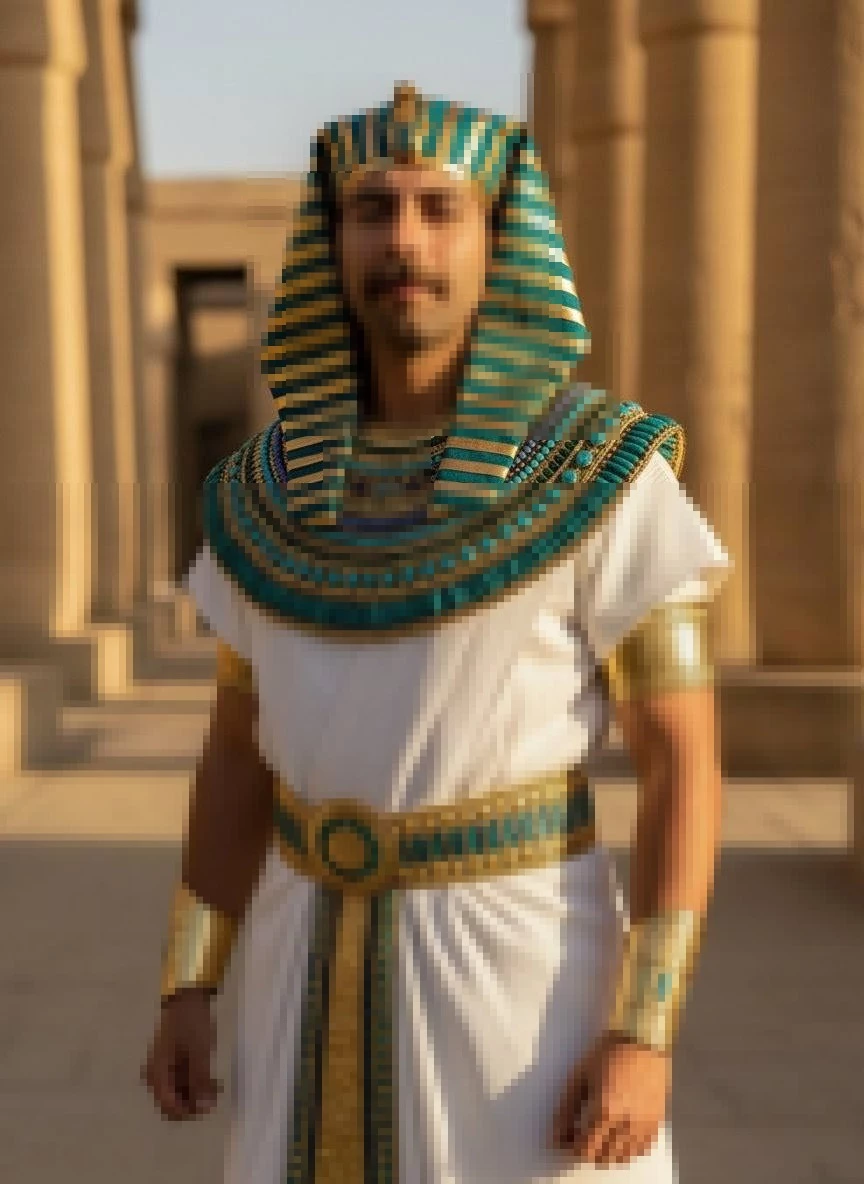 Man dressed as ancient Egyptian pharaoh standing in sunlit temple corridor