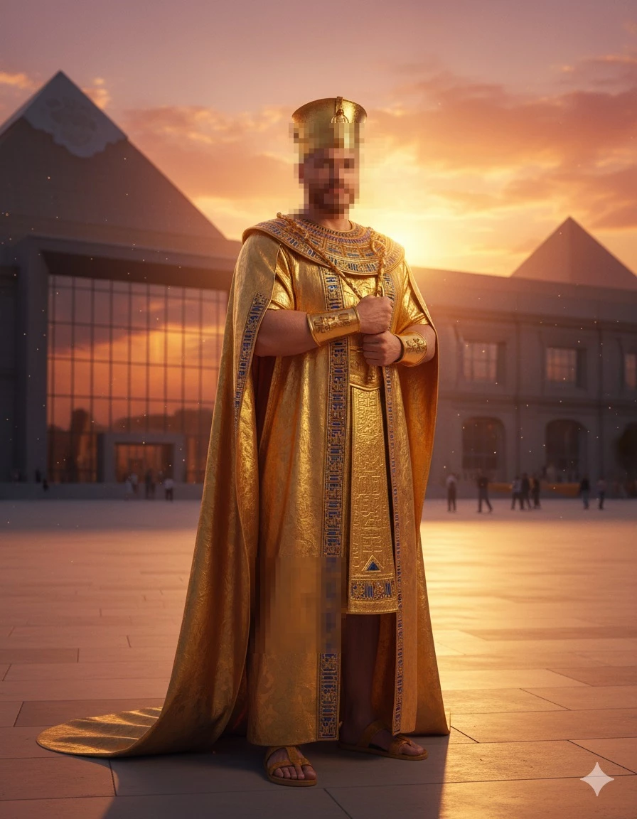 Man dressed as golden Egyptian pharaoh standing at sunset near modern pyramids