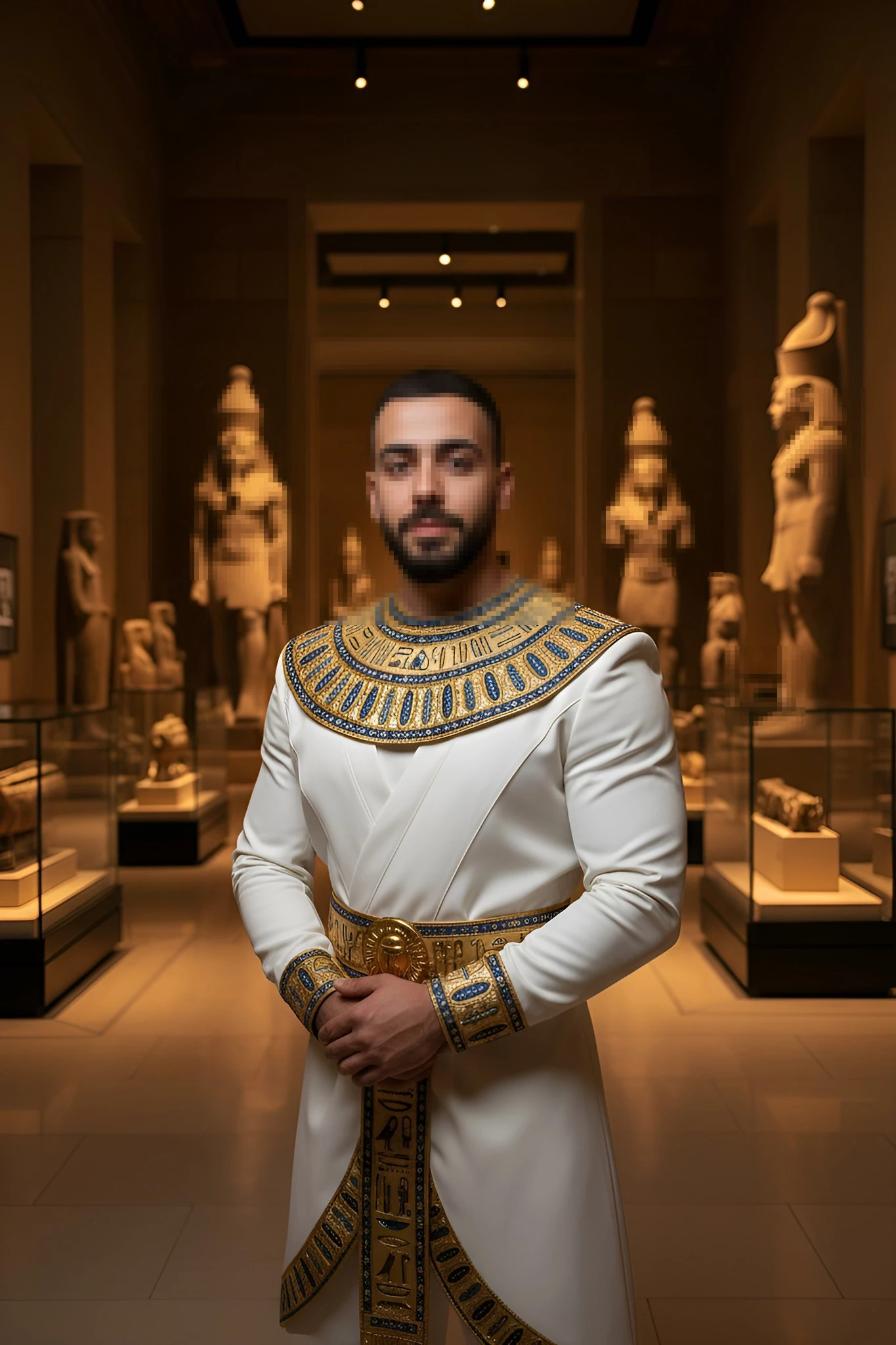 Man dressed in white and gold pharaoh-style outfit standing in an Egyptian museum
