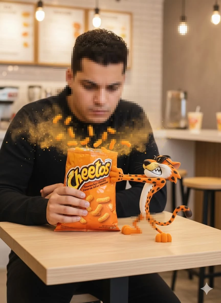 Man Enjoying Cheetos with Cartoon Cheetah Mascot in a Fun Snack Moment