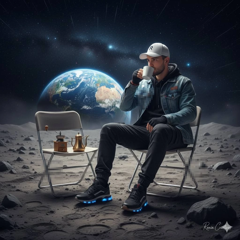 Man Enjoying Coffee on the Moon with Earth in the Background