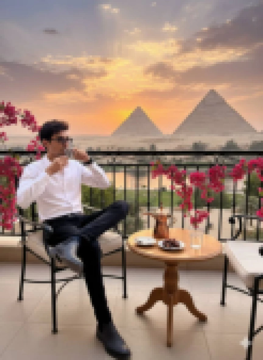 Man Enjoying Coffee with Sunset View of the Great Pyramids of Giza