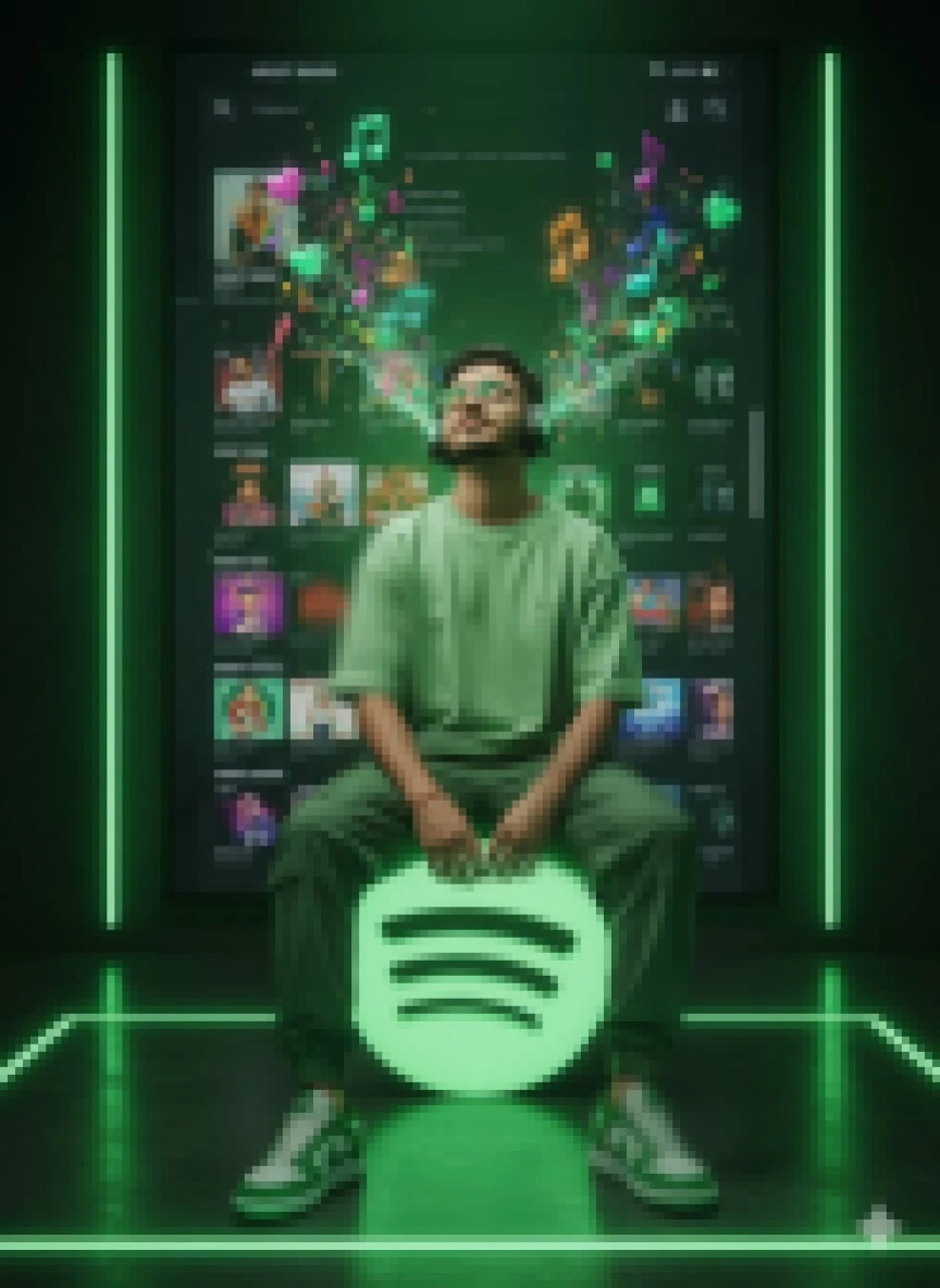 Man enjoying music with neon green Spotify theme and colorful sound waves