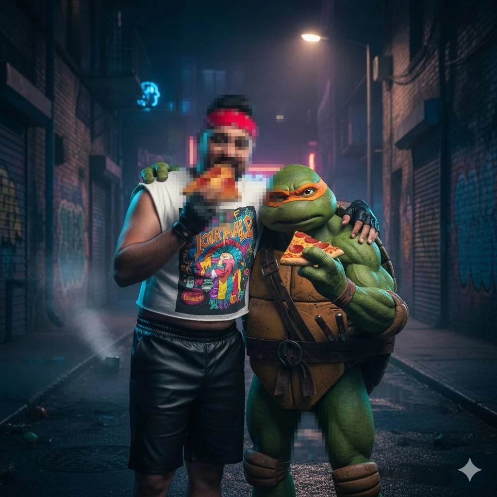 Man enjoying pizza with Ninja Turtle character in neon-lit city alley at night