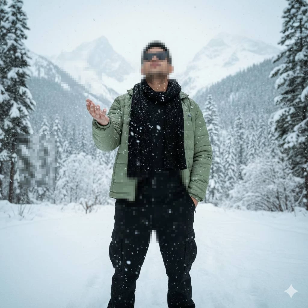 Man Enjoying Snowfall in Scenic Winter Mountain Landscape