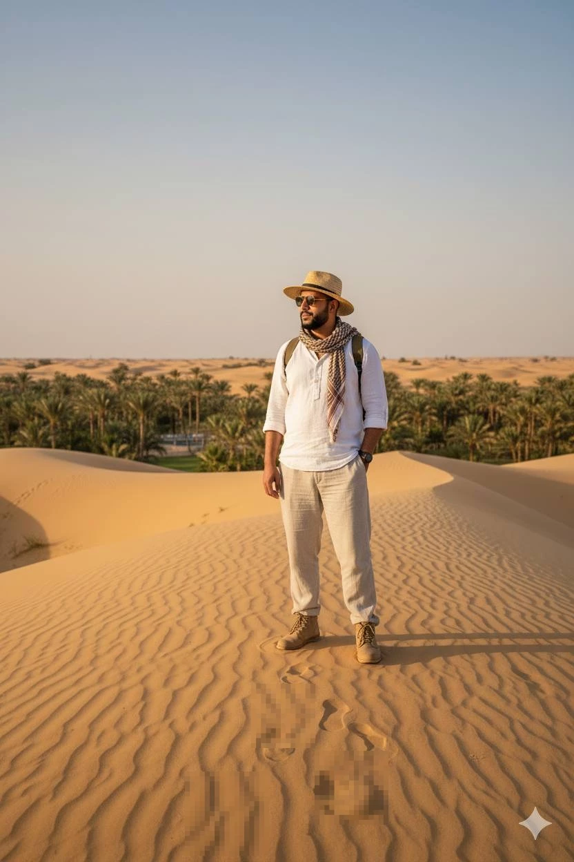 Man exploring golden desert dunes under warm sunlight wearing travel attire