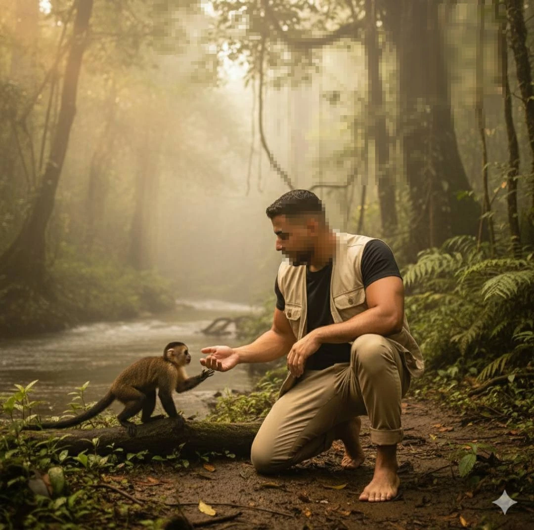 Man Feeding a Monkey in a Misty Rainforest Near a Peaceful Stream