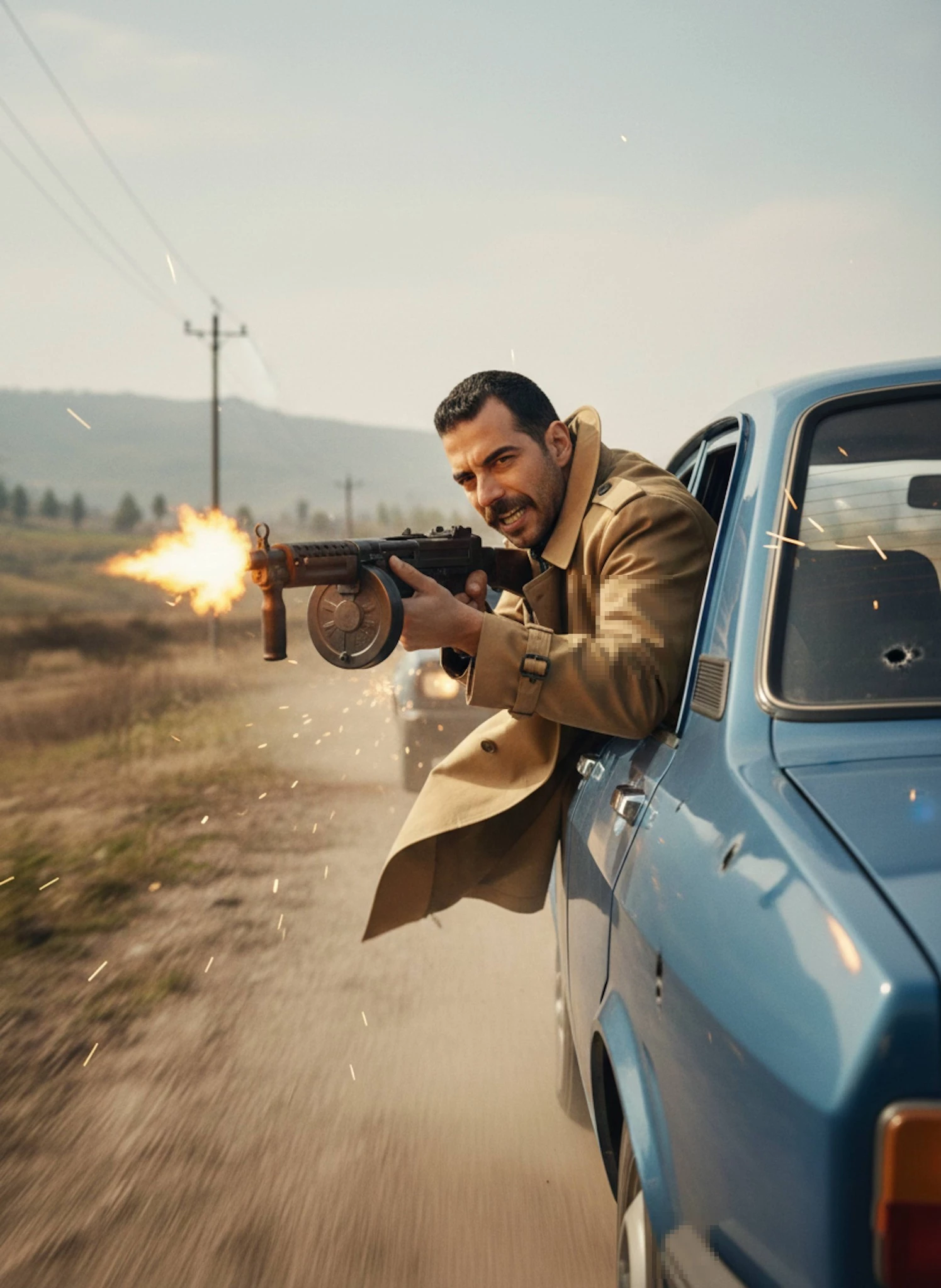 Man Firing a Submachine Gun from a Moving Blue Pickup on a Dusty Road