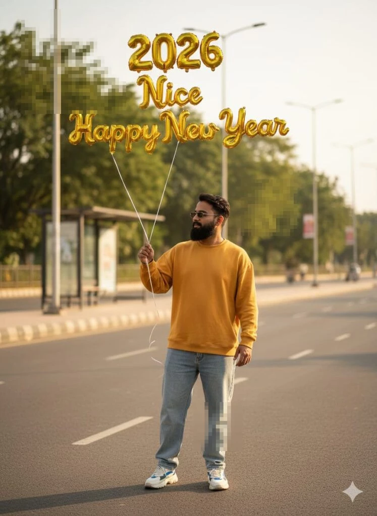 Man Holding 2026 Happy New Year Balloons on an Empty City Street