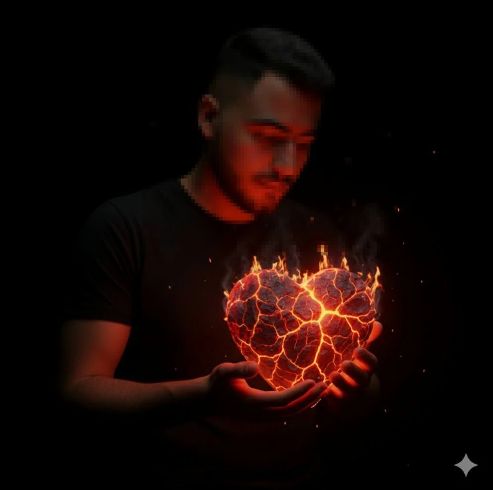 Man Holding a Glowing Fiery Heart in the Dark Symbolizing Passion and Strength