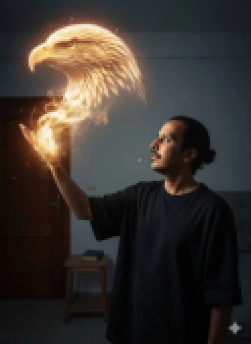 Man Holding a Glowing Golden Eagle Made of Light and Smoke Indoors