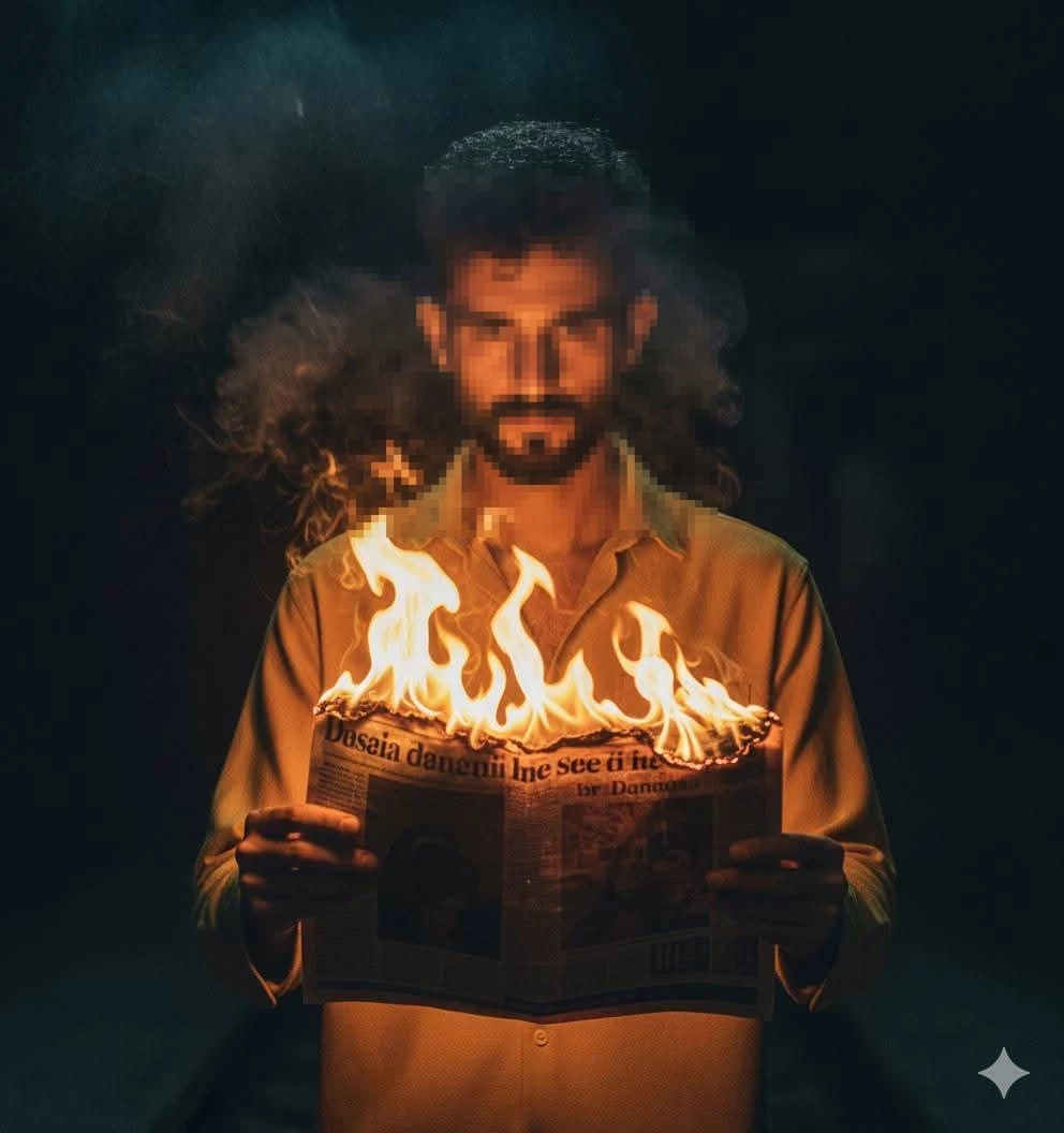 Man holding burning newspaper in the dark with dramatic fire and cinematic atmosphere
