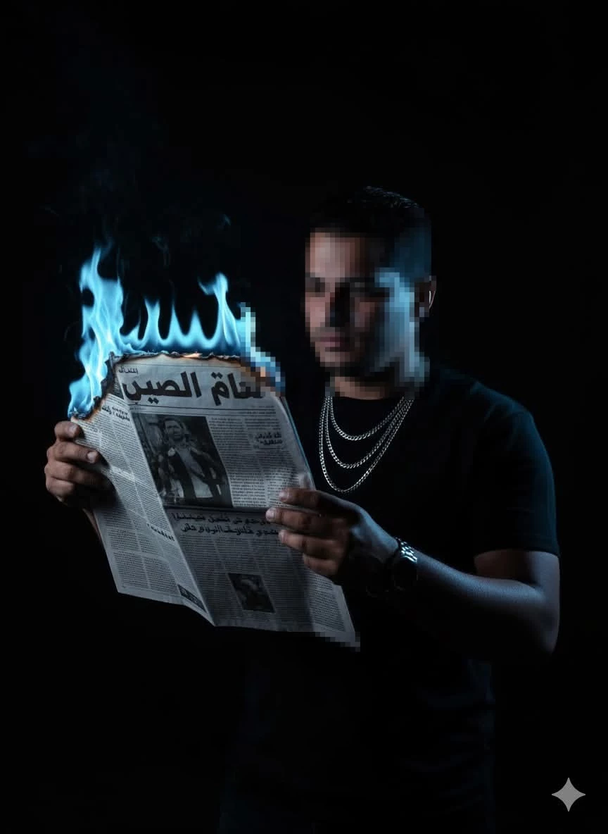 Man Holding Burning Newspaper with Blue Flames in Dark Artistic Portrait