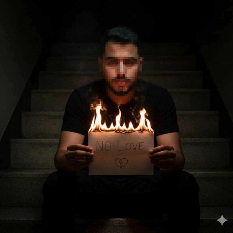 Man Holding Burning “No Love” Sign in Dark Stairwell Scene