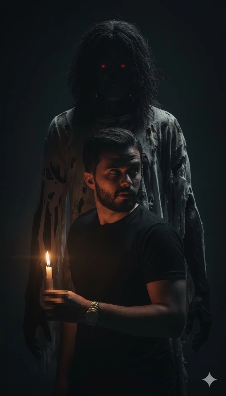 Man holding candle with ghostly figure behind him in dark haunted atmosphere