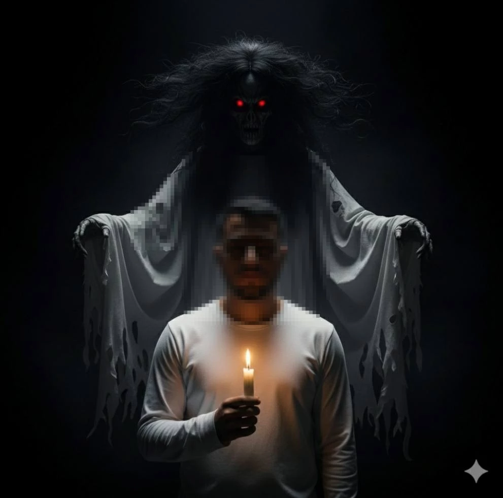 Man Holding Candle with Ghostly Figure Behind in Dark Horror Scene