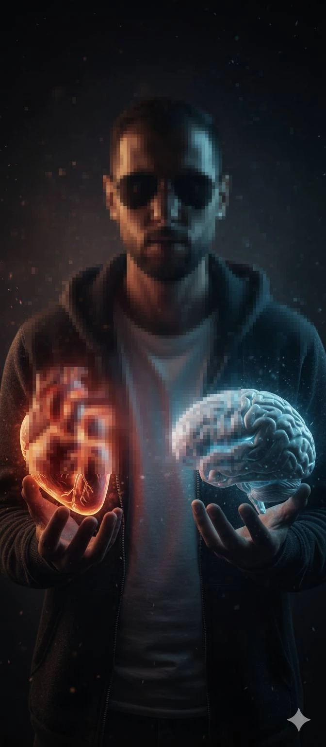 Man Holding Glowing Heart and Brain Symbolizing Balance Between Emotion and Logic