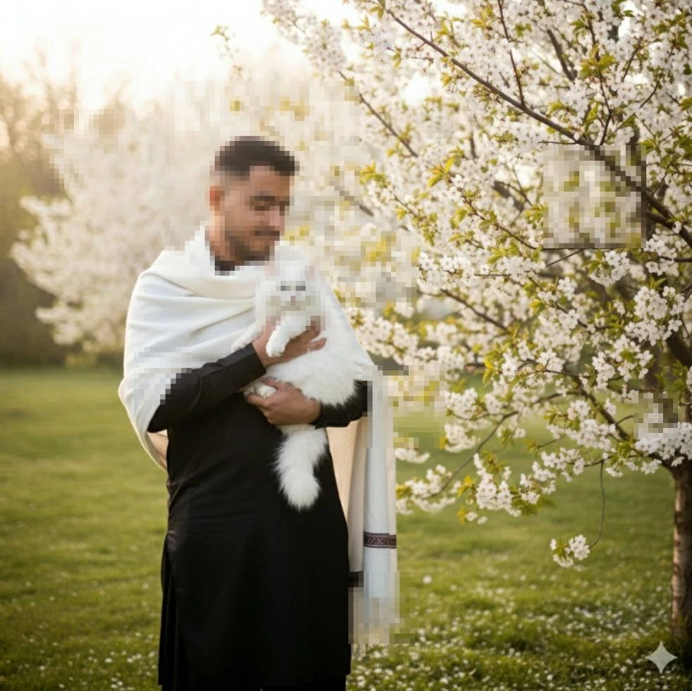 Man holding white cat under blooming cherry blossom trees in spring garden