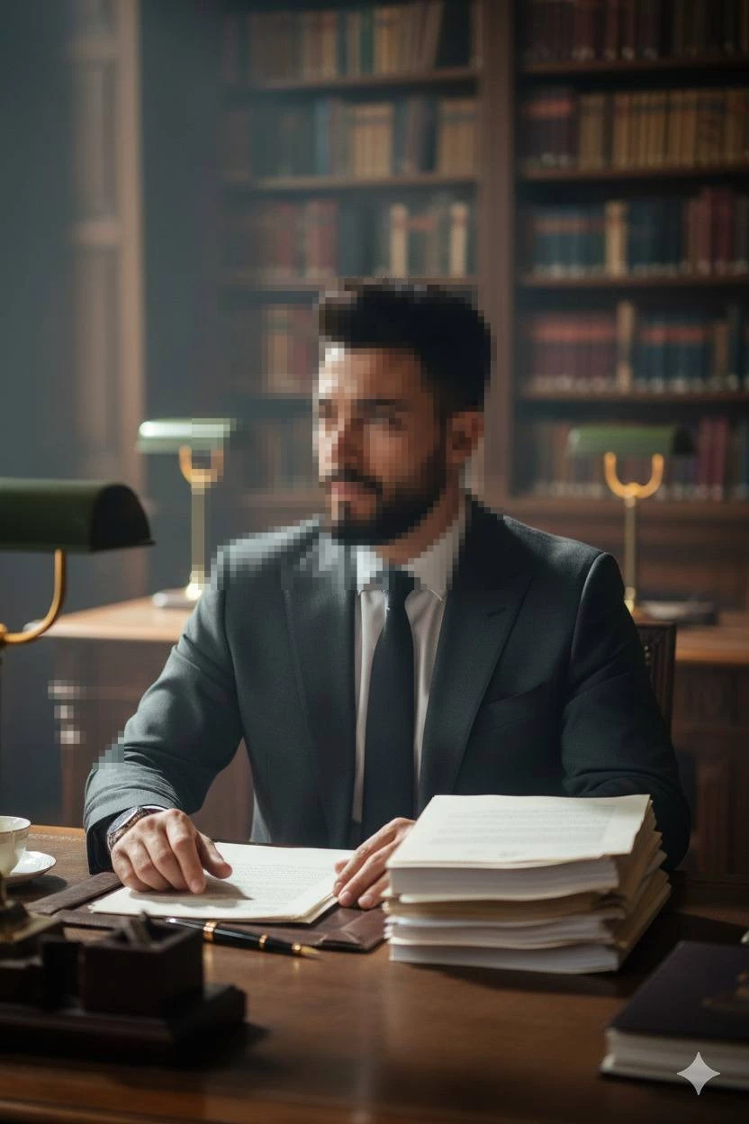 Man in a black suit working at a desk in a classic library setting