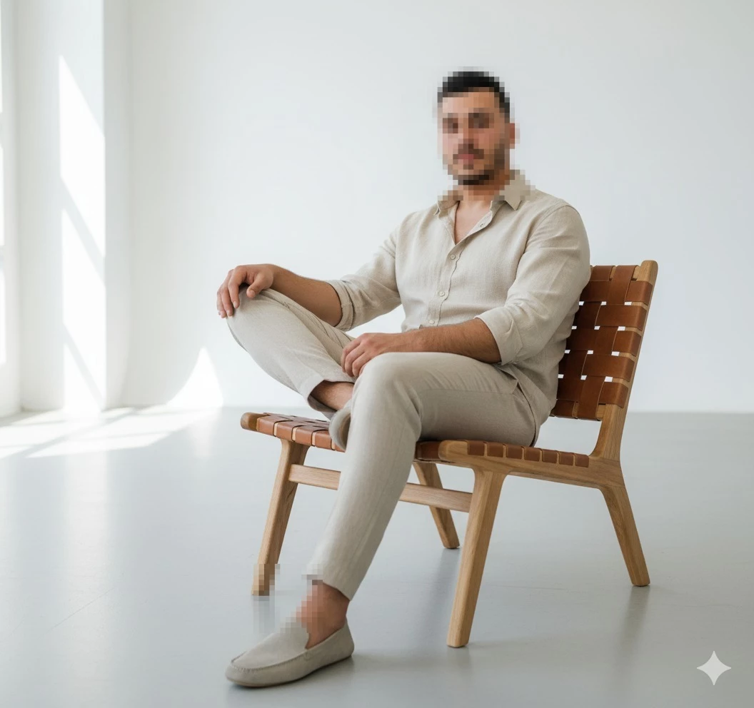 Man in beige outfit sitting confidently on wooden chair in bright minimalist room