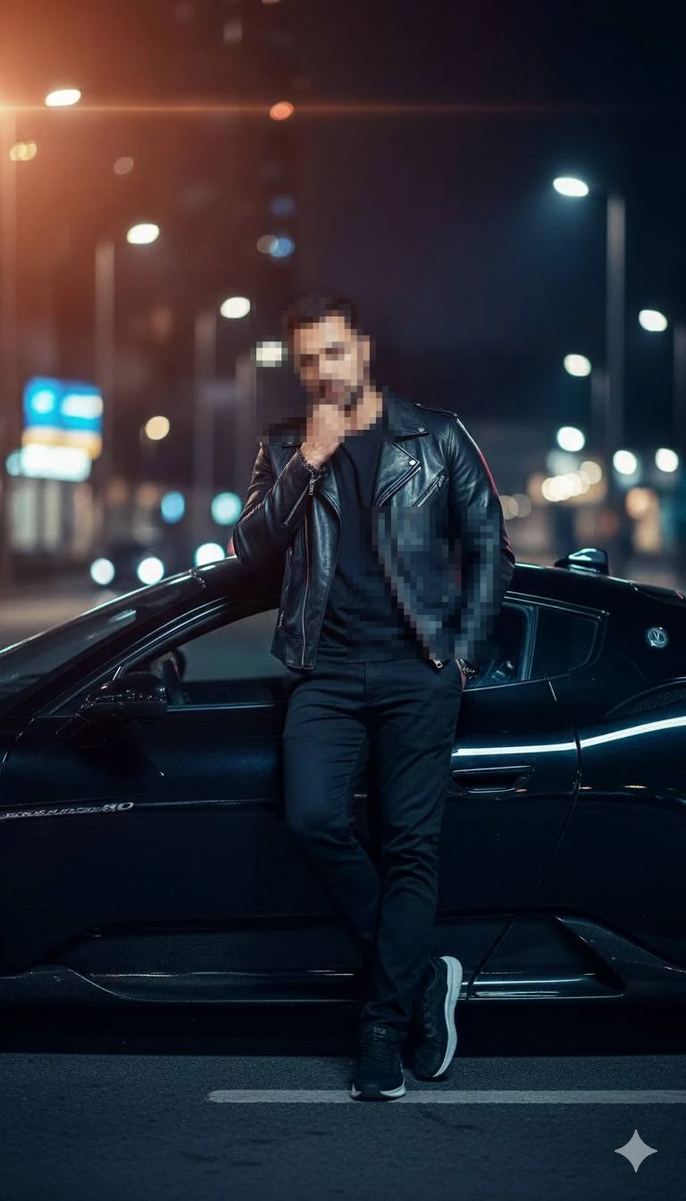 Man in black leather jacket leaning on sports car under city night lights