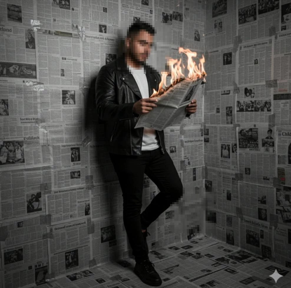 Man in black leather jacket reading a burning newspaper in a dark artistic room