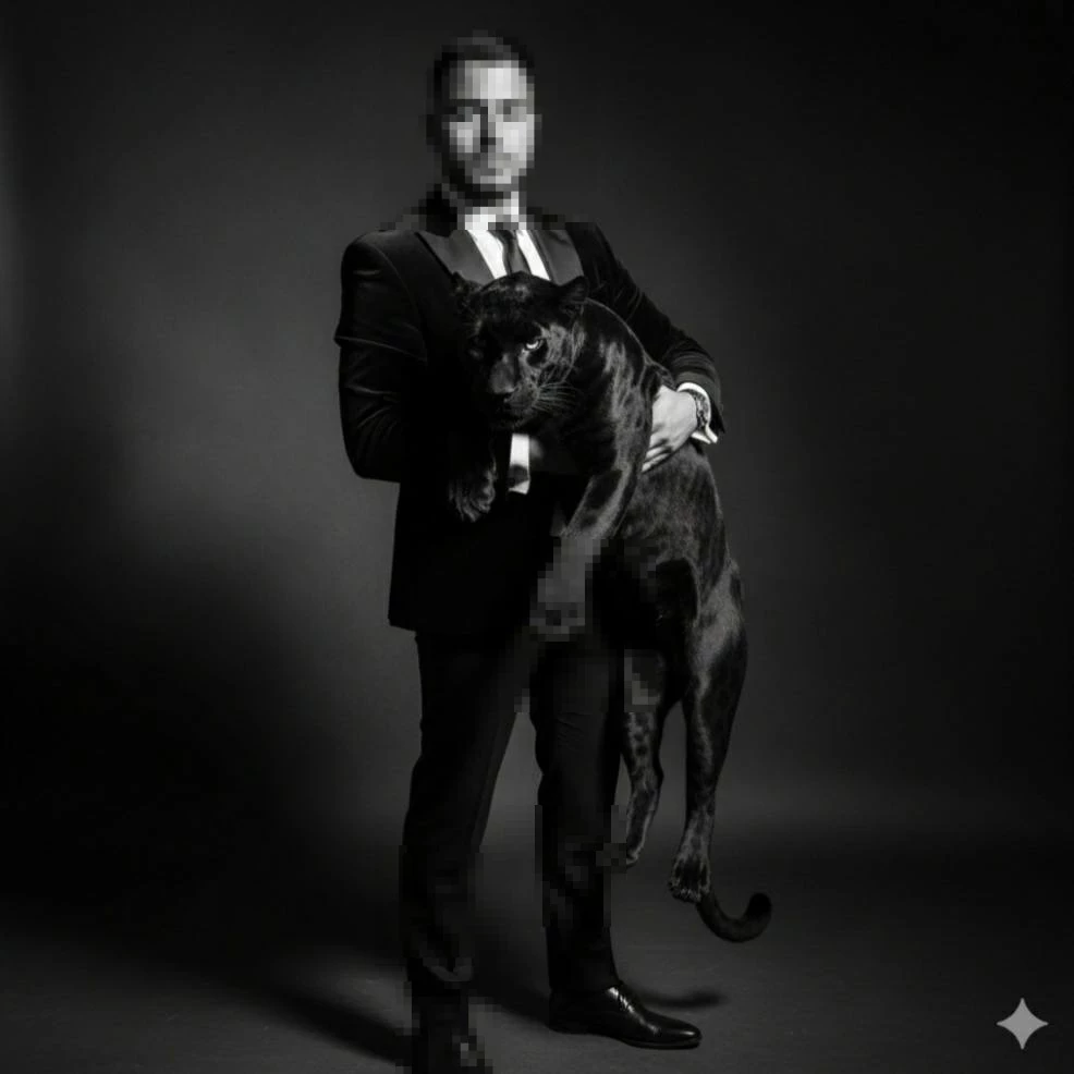 Man in Black Suit Holding Panther in Elegant Monochrome Studio Portrait