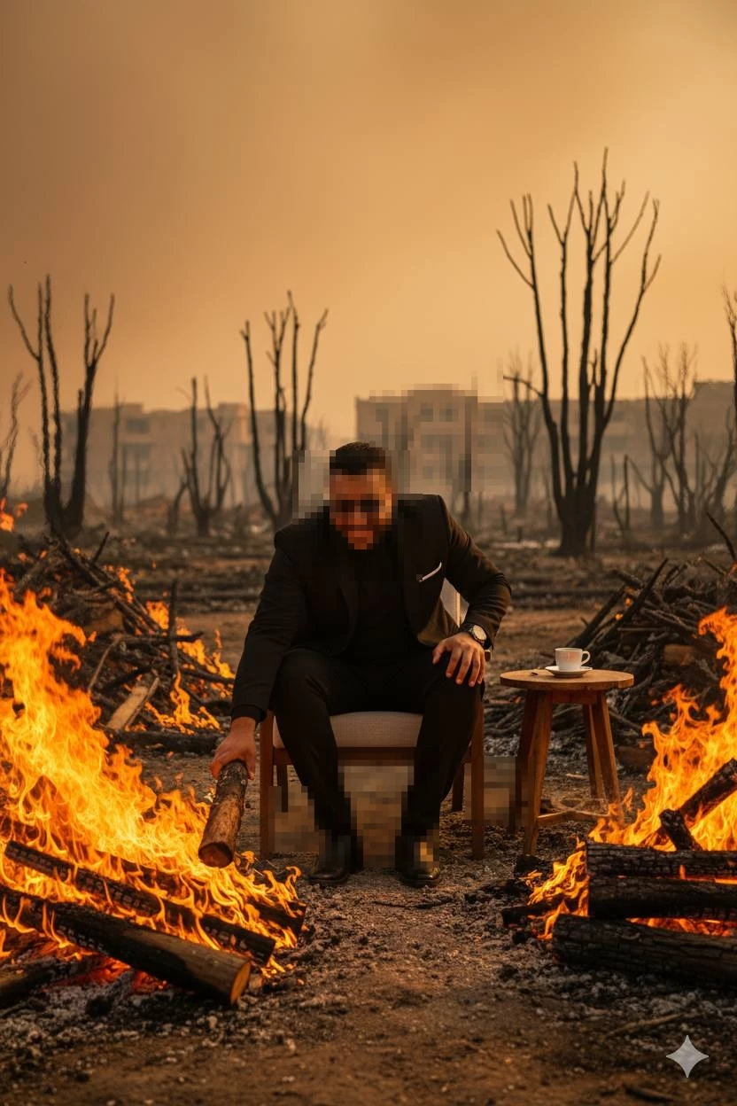 Man in black suit sitting by a fire in a burnt forest with a cup of coffee