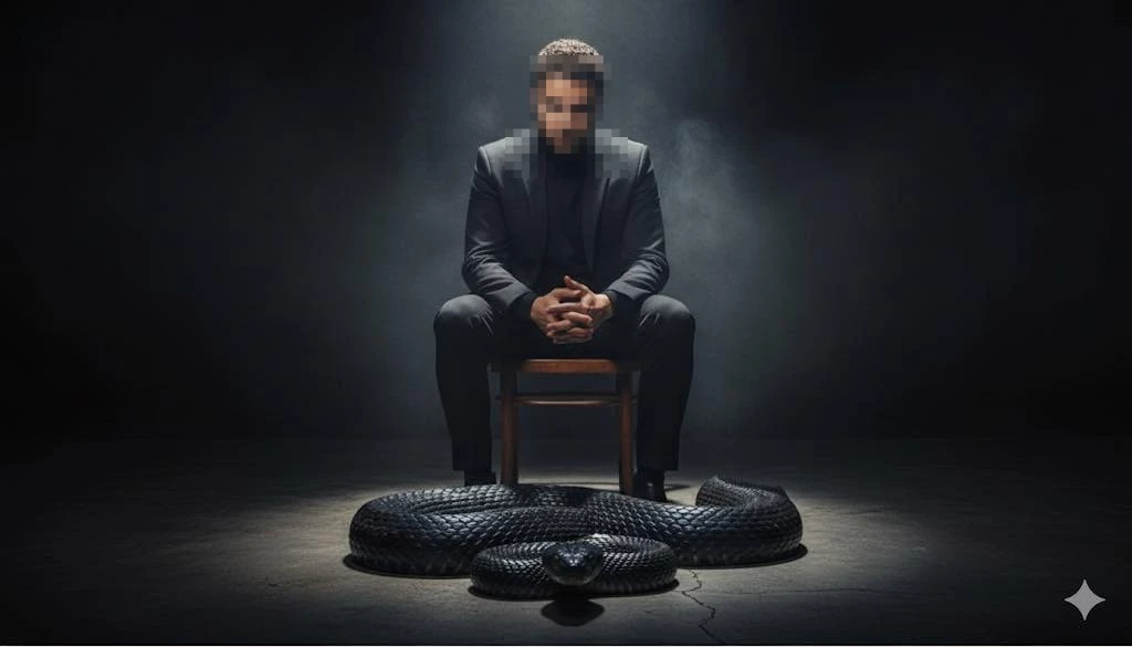 Man in black suit sitting calmly with a large black snake in dramatic lighting